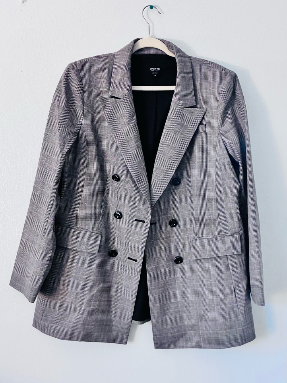 Worth Black & Gray Plaid Double-Breasted Blazer set with top and pants